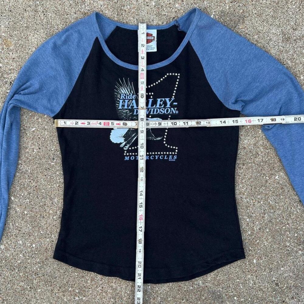 Y2K Harley Davidson Eagle Black & Blue Long Sleeve Top | Size Medium - Picture 4 of 7